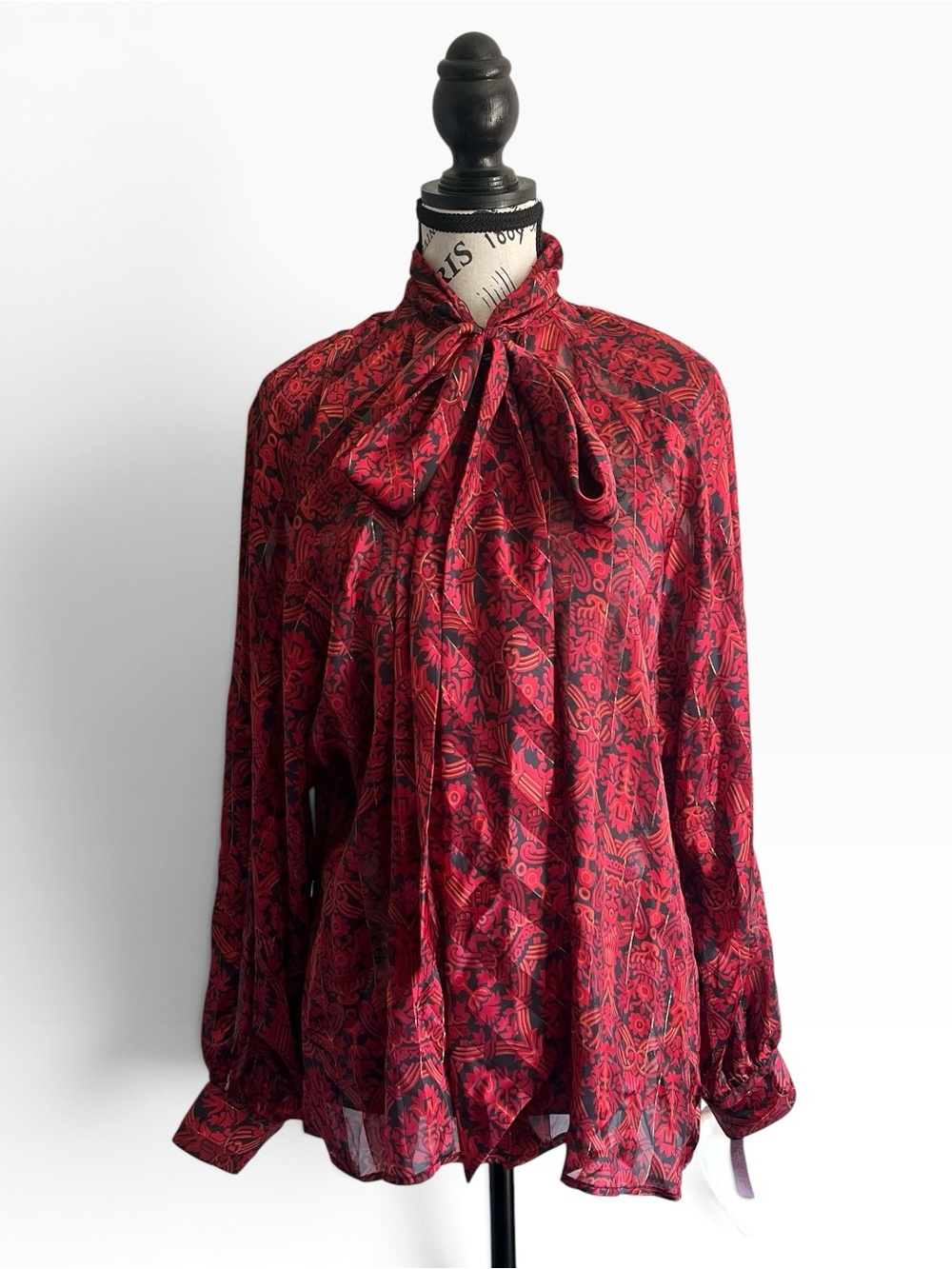 Vintage Women's Red and Black Patterned Blouse Bow Neck Tie Poet by Breckenridge